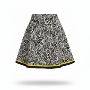 Amanda Lane Black and White Leaf Print Skirt with Yellow Trim, Size 16